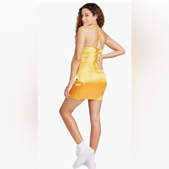 NWT Wild Fable bright orange satin mini dress corset bodice lace up back large - Picture 2 of 11